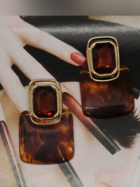 Vintage Retro Large Crystal Rootbeer Geometric Doorknocker Gold Drop Earrings - Picture 10 of 14